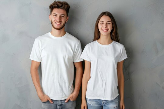 Clean and versatile mockup showcasing both male and female models in plain white T-shirts against a neutral background, ideal for presenting your creative concepts
