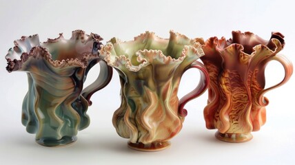 elegant ceramic cups with a wavy exterior and a soothing aqua interior, inspired by the undulating rhythm of ocean waves