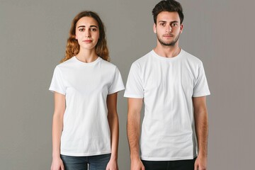 Obraz premium Mockup featuring male and female models wearing plain white T-shirts against a simple background, perfect for showcasing your design ideas