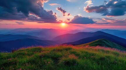 Obraz premium Fiery Sunset and Blooming Hills
