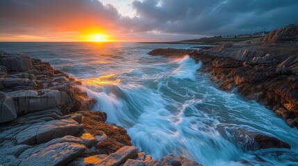 Fototapeta premium Sunset Waves on Rocky Shoreline
