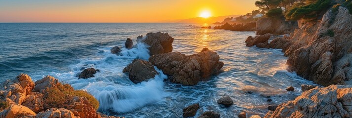 Sunset Waves on Rocky Shoreline