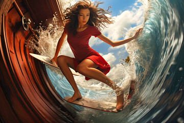 Woman Riding Surfboard on Top of Wave