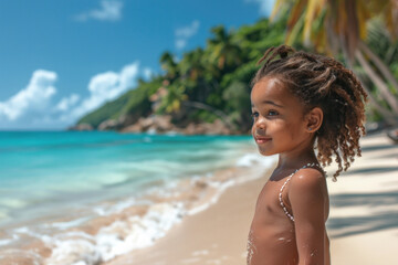 Fototapeta na wymiar African child girl walking on sandy coast of tropical sea against background of palm trees