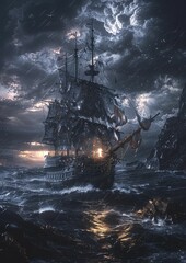 Galleon ship braving a tumultuous ocean under a stormy sky
