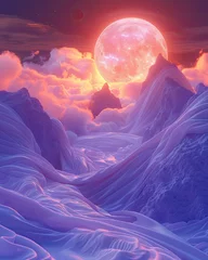 Ingelijste posters A surreal landscape under a giant pink moon © Vodkaz