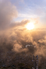 Wander full sunset over Kruje city in Albania, view from mountain