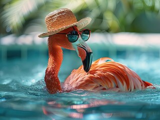 A flamingo in sunglasses and a hat enjoying a swim - obrazy, fototapety, plakaty