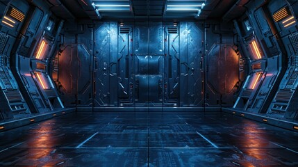 Interior of a spaceship corridor with high-tech panels - obrazy, fototapety, plakaty