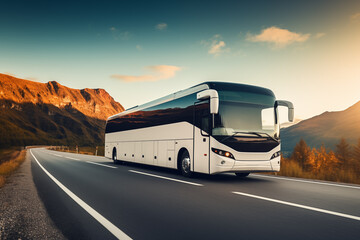 White intercity bus cruising on highway with mountainous backdrop at sunset. - obrazy, fototapety, plakaty