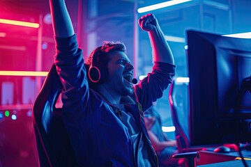 happy male cyber sport gamer raising hand, celebrating success participating in professional...