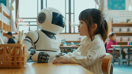 Fototapeta premium A Japanese girl communicates with an android robot in a primary school class. Friendship between man and android, technology in education