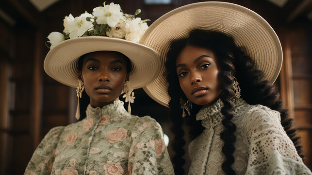 Two beautiful women in designer vintage fluffy dresses and elegant wide-brimmed hats. Vintage fashion, detailed outfits