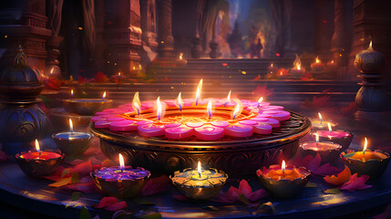 A colorful and lively Diwali celebration with glowing diyas, vibrant rangoli designs, festive decorations, Generative AI