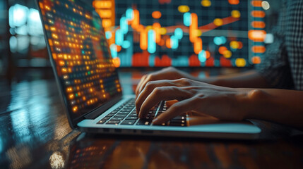 Close-up of a businessman's hand using a laptop computer to trade currency and collect web analytics. Cryptocurrency trading. - obrazy, fototapety, plakaty