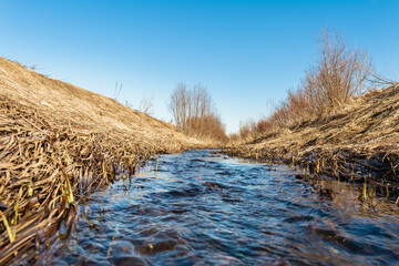 A flowing stream of blue water between hilly banks with yellow dry grass. A stream of melt water. Spring landscape on a sunny day. Shooting close to the water surface