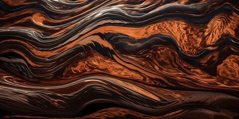 A close-up shot captures the intricate patterns formed as molten copper and molasses hues blend seamlessly, creating a harmonious liquid canvas.