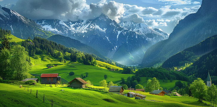 Swiss Alps Eidal Valley with Majestic Mountains and Green Fields
