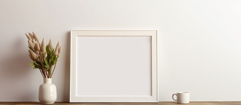 An empty white picture frame is placed on top of a wooden shelf in a room. The frame stands out against the natural wood color of the shelf.