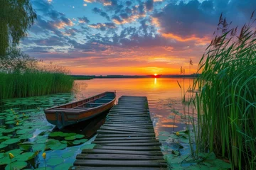 Foto op Canvas Lakeside Sunset with Wooden Pier © Landscape Planet