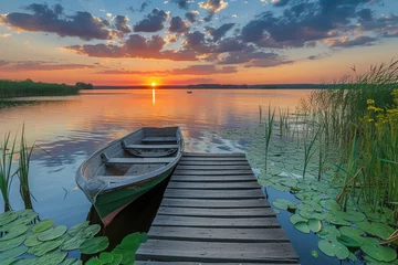 Schilderijen op glas Lakeside Sunset with Wooden Pier © Landscape Planet