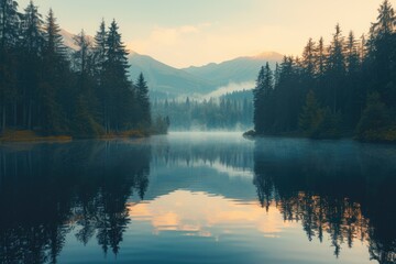 Fototapeta na wymiar Tranquil Dawn at the Forest Lake