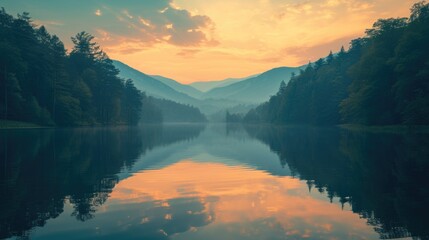 Tranquil Dawn at the Forest Lake - obrazy, fototapety, plakaty