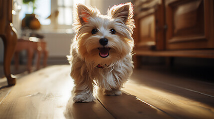 Yorkshire Terrier in a house on a wooden floor goes to meet