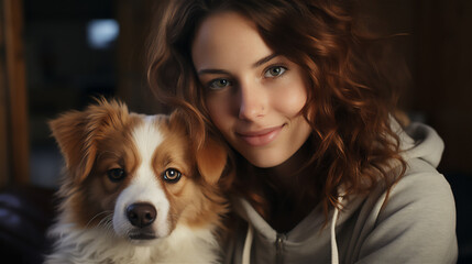 Positive curly girl posing with a dog hugging a pet, in a pink hoodie in a room, natural light,