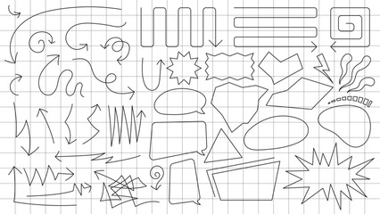 doodle pen scribbles, vector illustration of symbols, arrows, chat bubbles, comic effects