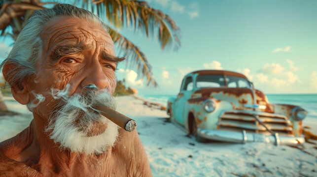 Old Cuban old man with cigar sitting on Caribbean Cuba island paradise wide white sandy beach under coconut palms with a rusty 1950s retro car partially buried in hot sand on background.