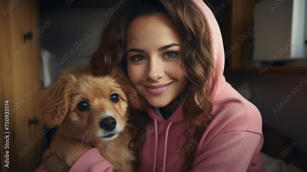 Wall mural Positive curly girl posing with a dog hugging a pet, in a pink hoodie in a room, natural light,