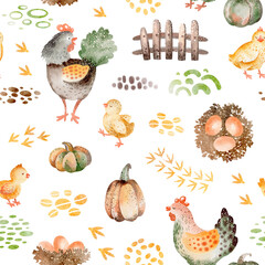 Farm animals watercolor seamless pattern. Cute cow, goose and horse cartoon nursery. Illustration of haystack harvesting. Hand drawn child background. Childish fabric farmland. © Elena