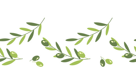 Seamless border with olive branches and green olives on a white background. Vector illustration for decoration, textile, poster.