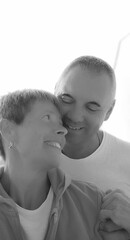 Happy couple looking into each other's eyes with love. Happy marriage. Falling in love.Black and White photo.