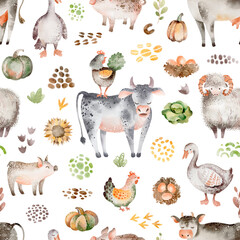 Farm animals watercolor seamless pattern. Cute cow, goose and horse cartoon nursery. Illustration of haystack harvesting. Hand drawn child background. Childish fabric farmland. © Elena