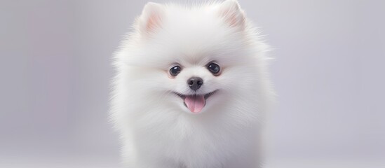 Fototapeta premium An adorable Pomeranian spitz puppy with a fluffy white and cream coat is standing on a white floor. The background is light gray with hints of lilac.