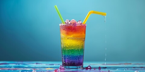 Rainbow cocktail with ice and colorful liquid. Generative AI.