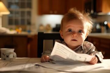 A baby sitting at a table with a piece of paper. Generative AI. - Powered by Adobe