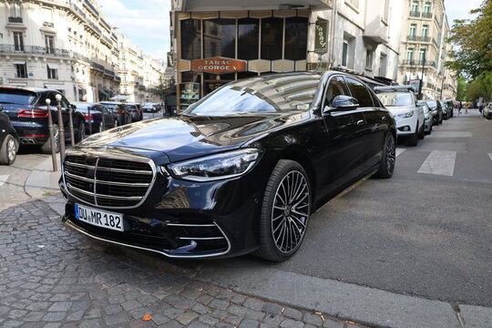Paris France 09 06 2023 : closeup detail of a premium car ,Mercedes Benz maybach
