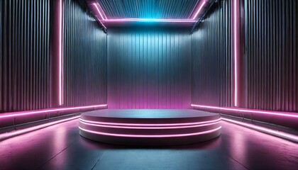 Metal lighting neon podium cyberpunk unreal city pink blue neon lasers stage product display background, 3d illustration empty display showroom 