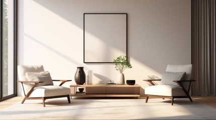 Fototapeta premium A modern living room with two white armchairs, minimalistic wall art, and a black and white patterned rug 