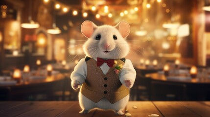 A white mouse wearing a vest and bow tie. Generative AI.