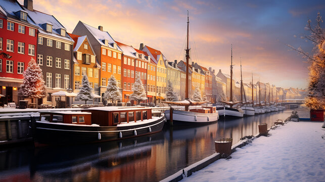 Beautiful winter evening view of the popular Nyhavn area decorated for Christmas Beautiful Decorated Street with boats and building 
