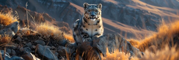 Snow Leopard in Mountain Terrain - obrazy, fototapety, plakaty