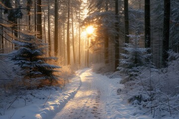 Sunrise Glow on a Snowy Forest Pathway