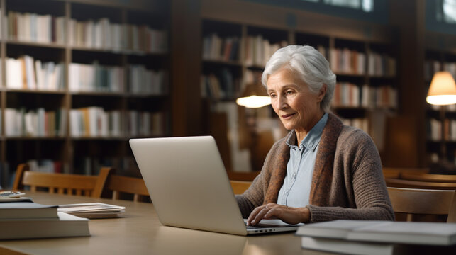 Senior Woman Using Laptop in Library, Learning Technology