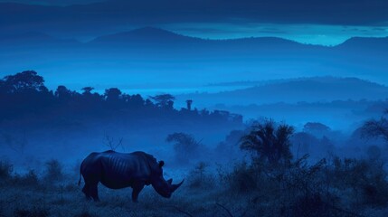 Rhinoceros Silhouette Against Misty Mountain Range at Twilight