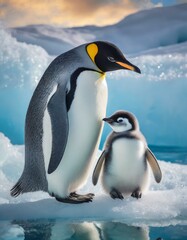 A nice penguin with his baby on the ice.