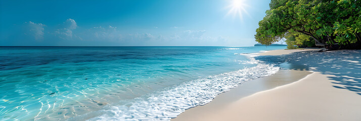 Tropical Maldives Island with White Sandy Beach,
A beach with palm trees and a blue sky
 - obrazy, fototapety, plakaty
